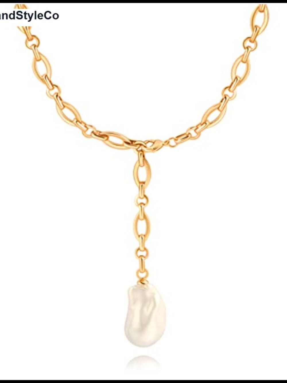 18k Gold Plated Chain Link Necklace Baroque Pearl Pendant Women